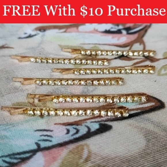 6 Gold Tone Clear Rhinestone Bobby Pins NEW on Card Gold Tone Set RED BANNER - Picture 1 of 6